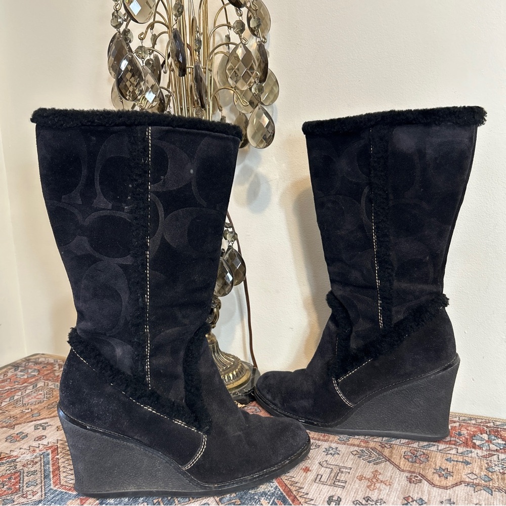 Coach JORDANA Black Suede & Shearling Monogram Wedge Heel Boots